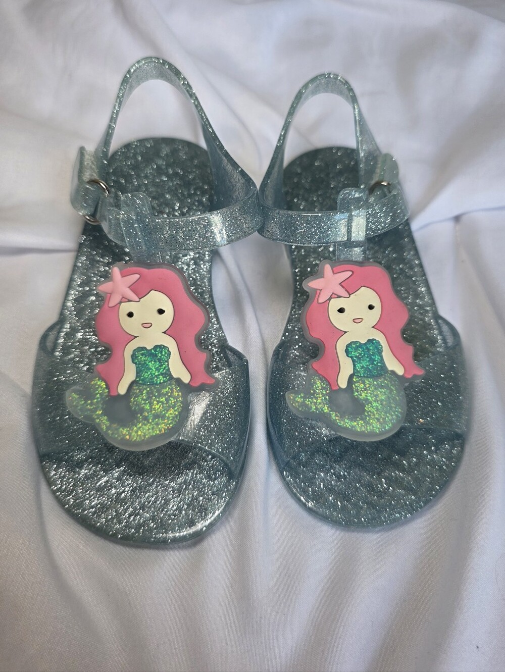 Old Navy Girl Glitter Teal Jelly Sandals with Pink Mermaid Accent Toddler Size 7